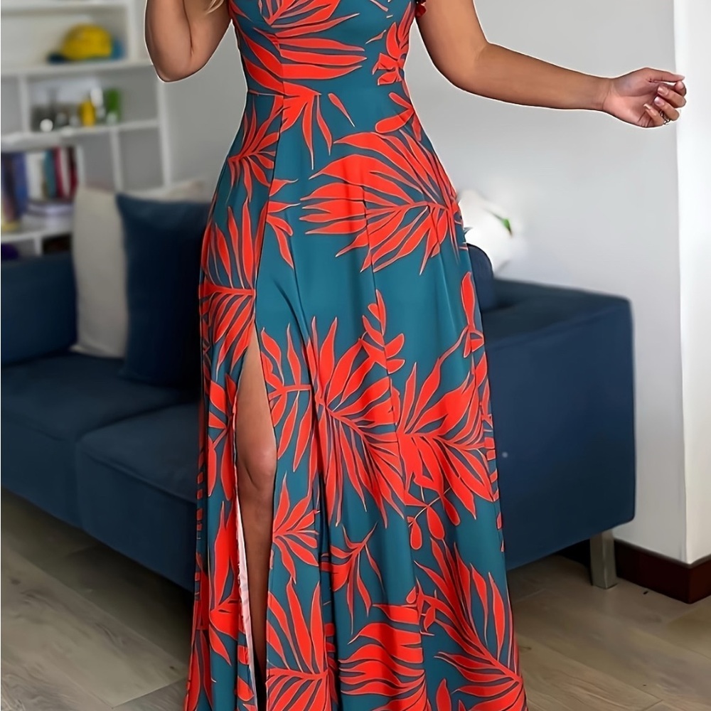 Elegant Teal and Red Leaf Print Maxi Dress